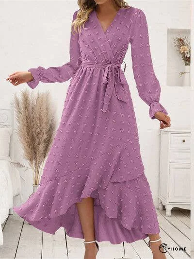 Swiss Dot Tie Waist Flounce Sleeve Dress | IFYHOME