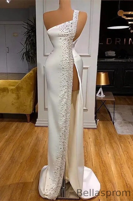 Bellasprom White One Shoulder Sleeveless Mermaid Prom Dress With High Split Beadings Bellasprom