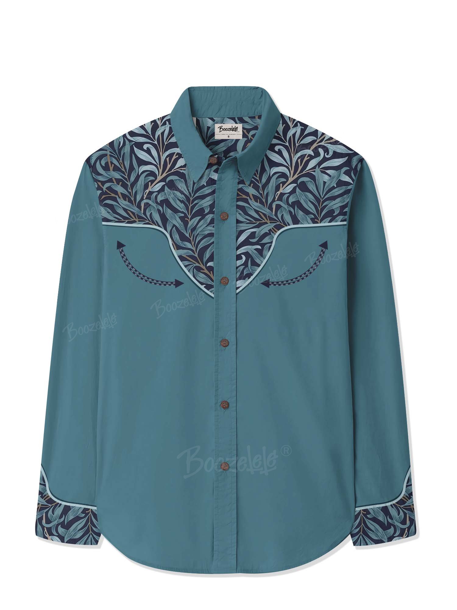 Navy Blue Leaves - 100% Cotton Long Sleeves Shirt