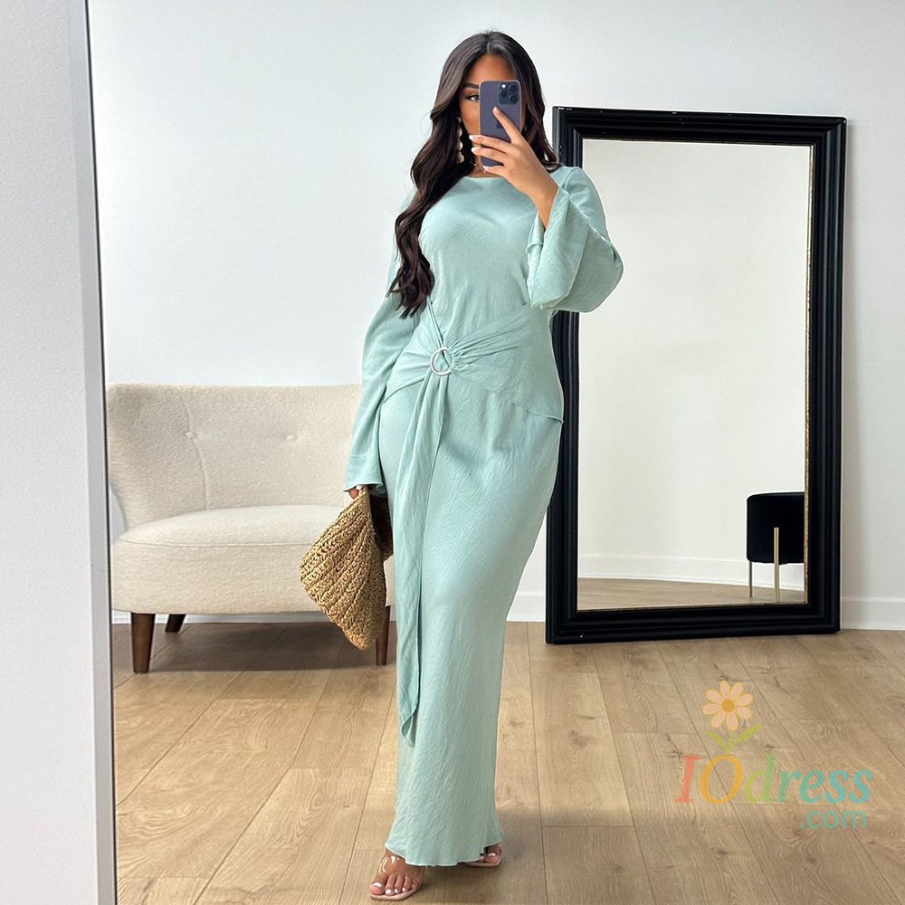 IO Dress 2024 Autumn Fashion Women's Leisure Elegant Maxi Dress Metal Buckle Retro Solid Long A-line Women's Dress Party Vestidos Robes