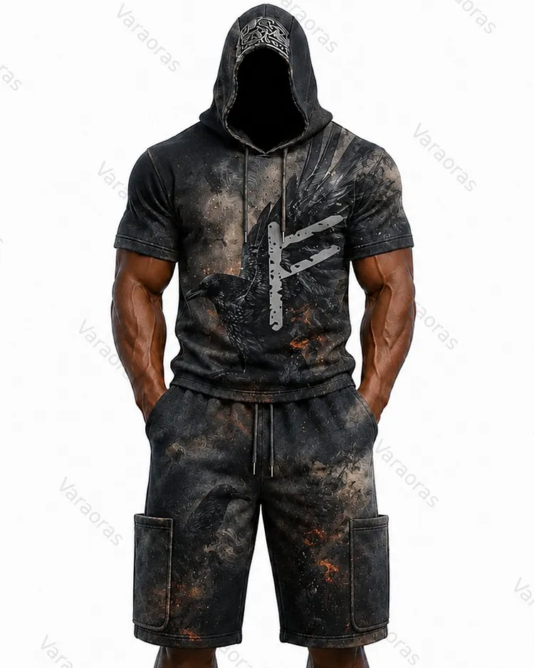 Men's Fashion Viking Rune Print Top & Shorts Two-Piece Set 4815