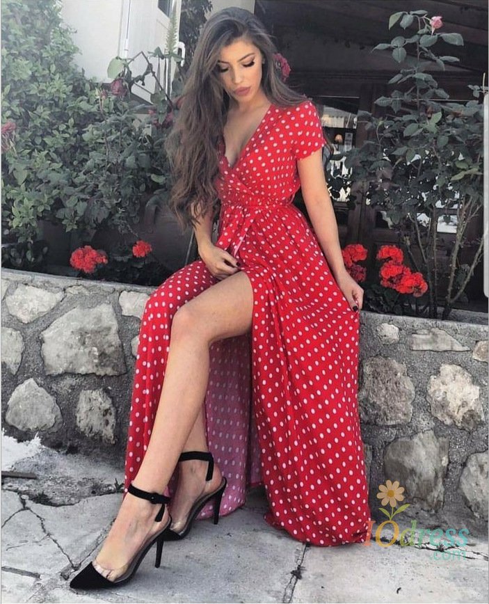 IO Dress Women Summer Dress Bohemian Short Sleeve V-neck Low Cut Printed Polka Dot Dresses women's Clothing YFL6256