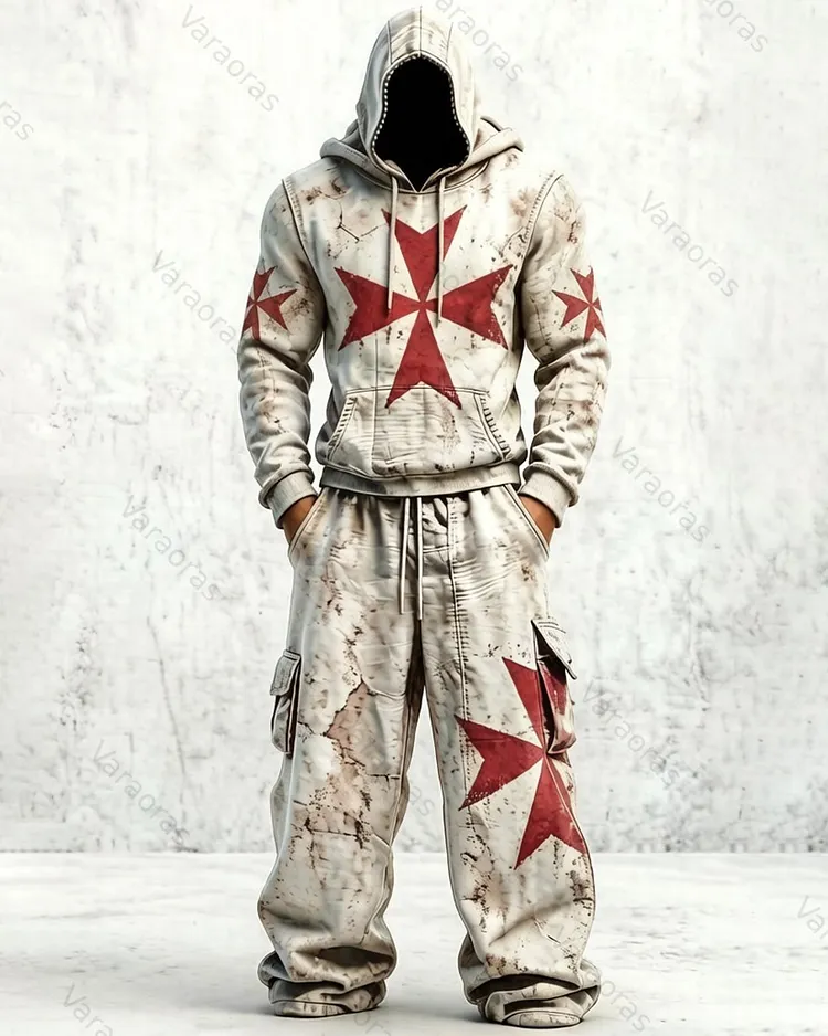 Men's Color-Blocked Cultural Cross Embroidered Distressed Hoodie and Pants Two-Piece Set 3453