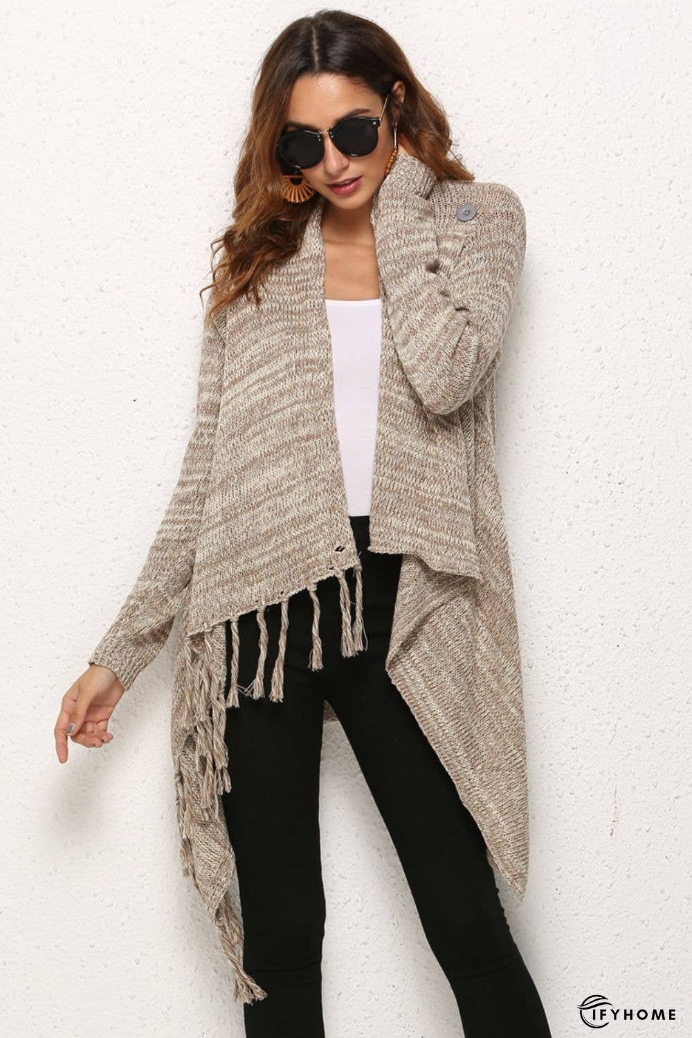 One-Button Tassel Tie Asymmetrical Hem Cardigan | IFYHOME