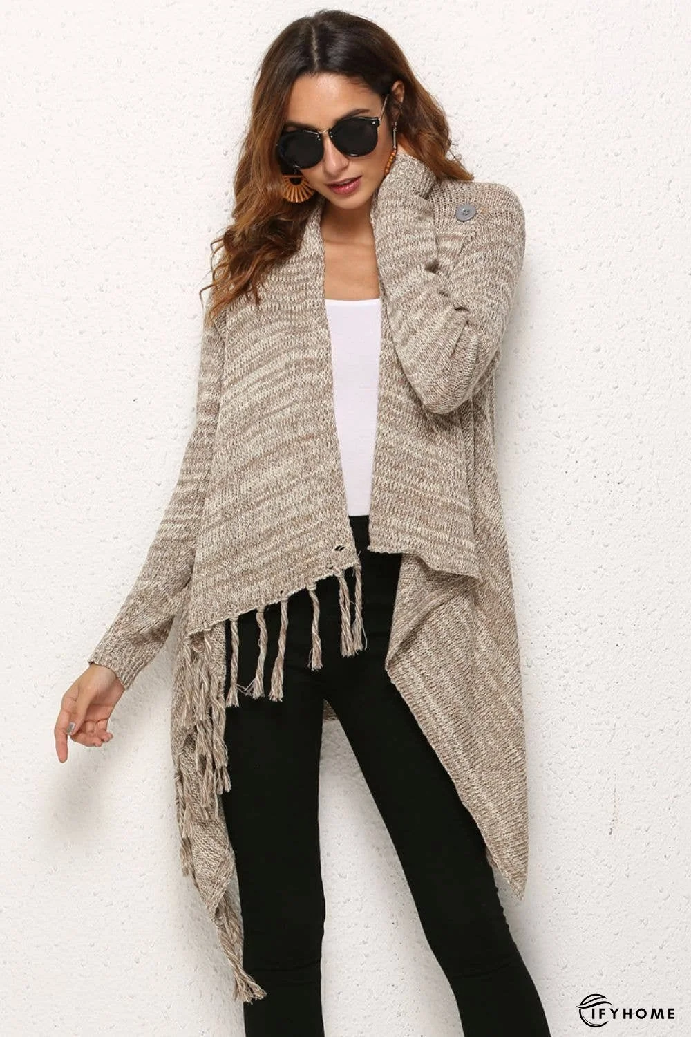 One-Button Tassel Tie Asymmetrical Hem Cardigan | IFYHOME