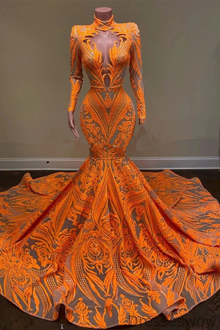 Dresseswow Orange High-Neck Long Sleeves Prom Dress Mermaid Sequins