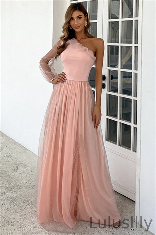 Glorious One Shoulder Pink Evening Dress Long Sleeves A-Line YE0175 - lulusllly