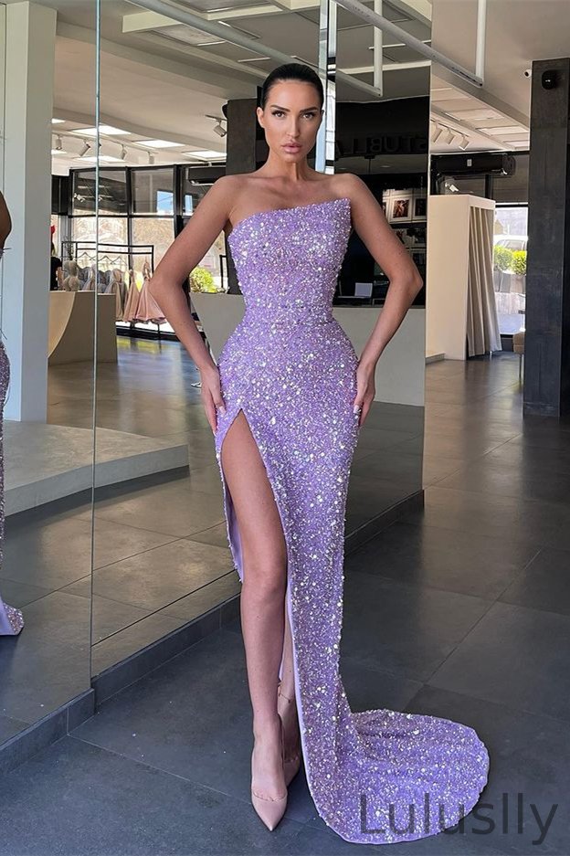 Luluslly Lilac Strapless Sequins Prom Dress Mermaid Long With Split