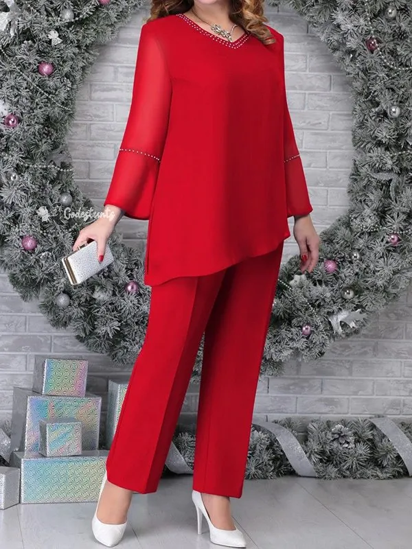 V-Neck Solid Color Hem Irregular Top And Trousers Suit