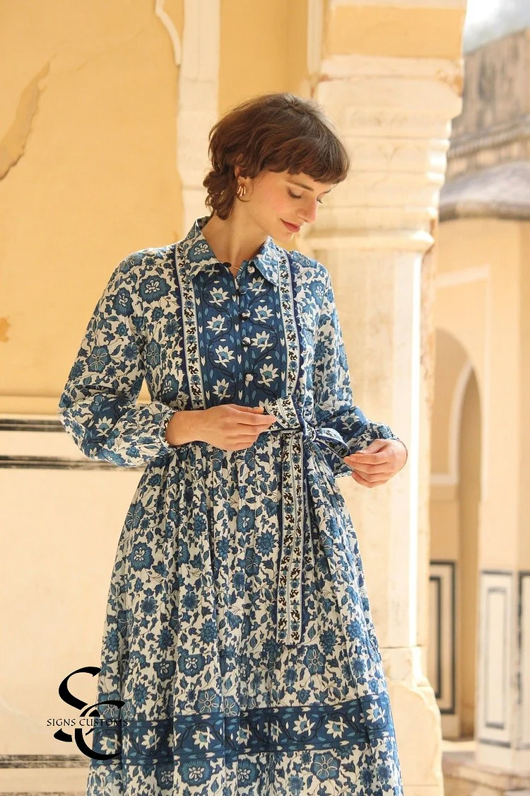 Boho Floral Cotton Block Print Dress &ndash; Women's Summer Beach & Vacation Bohemian Style