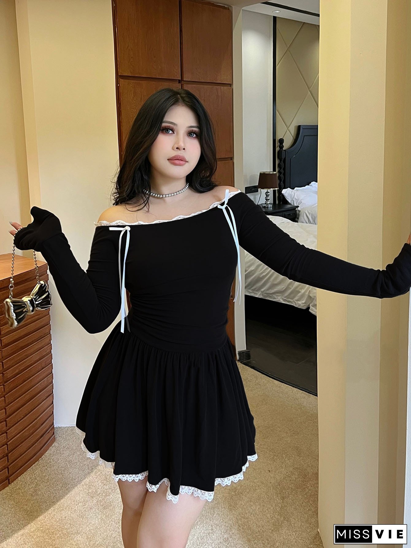 Elegant Plus Size One Shoulder Long Sleeve Party Dress everyday fit-and-flare skirt