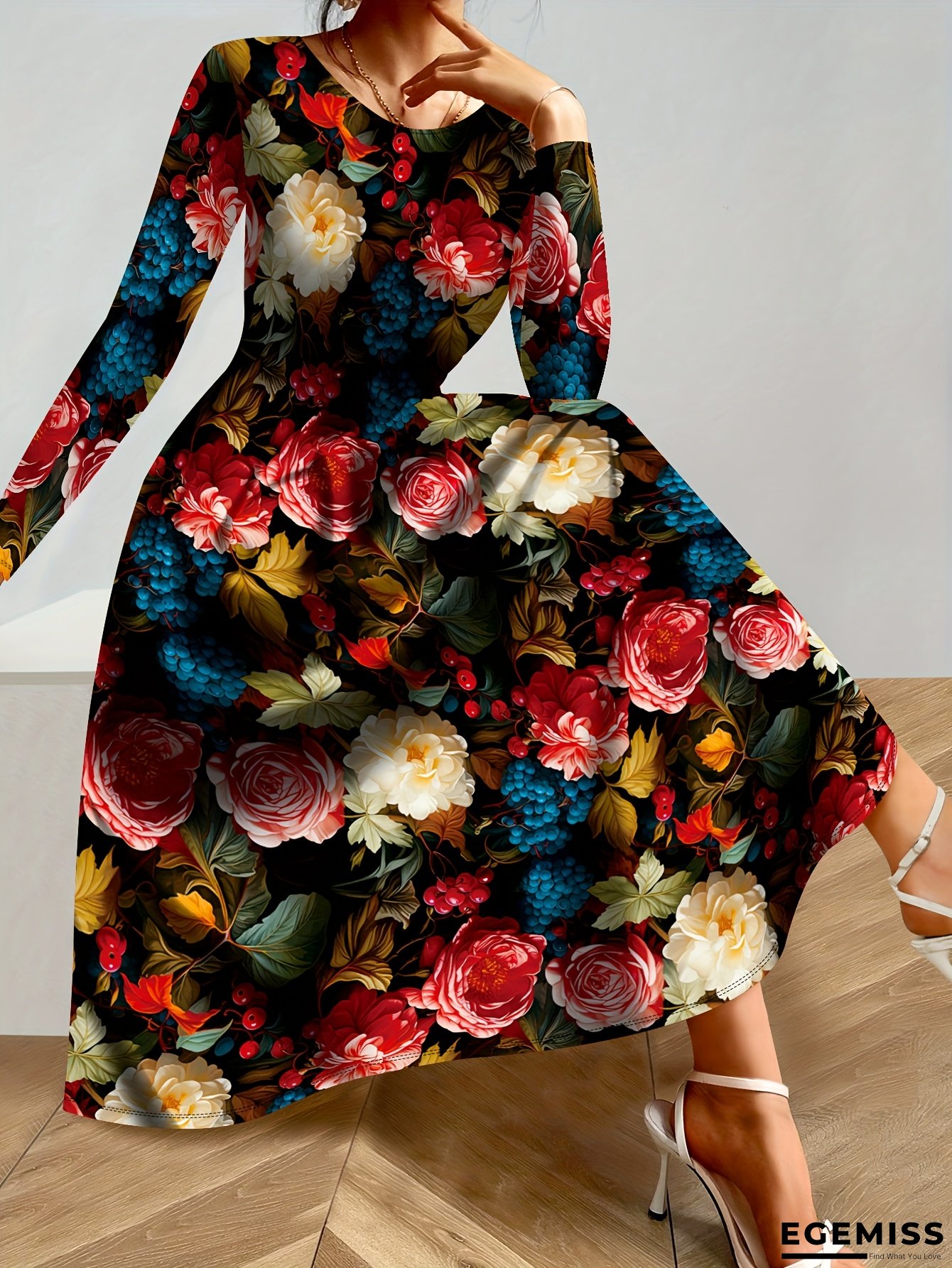 Plus Size - 1pc Plus Size Women's Tropical Floral Print A-Line Dress - Vibrant Red Roses & Green Foliage, Stretchy Polyester Blend, Machine Washable, Casual Beach Vacation Style, Long Sleeve, Round Neck, Flared Hem, Beach Dress, Plus Size Dresses | EGEMISS