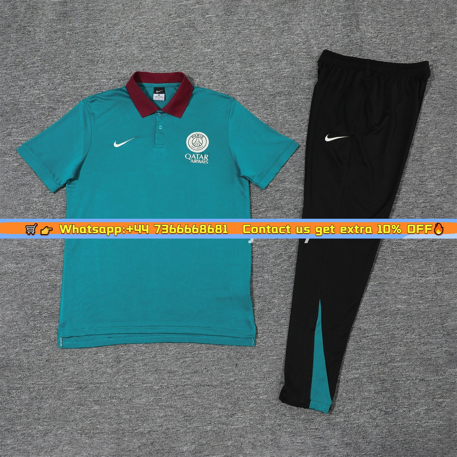 Paris Saint-Germain PSG 25-26 POLO Short-Sleeve Training Set - Blue Green Top and Black Pants