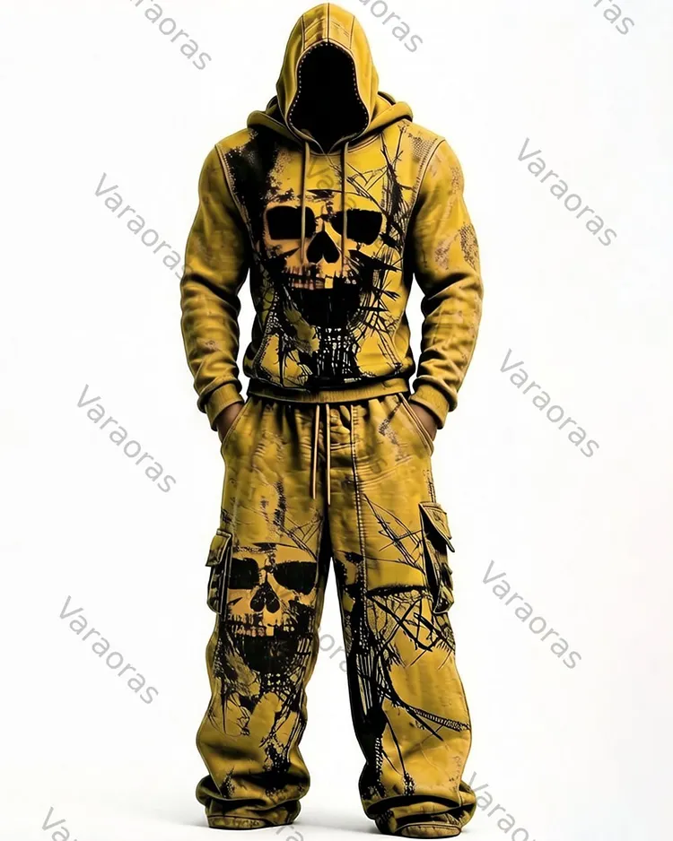 Men's Color-Block Skull-Embroidered Hoodie & Pants Two-Piece Set 7305