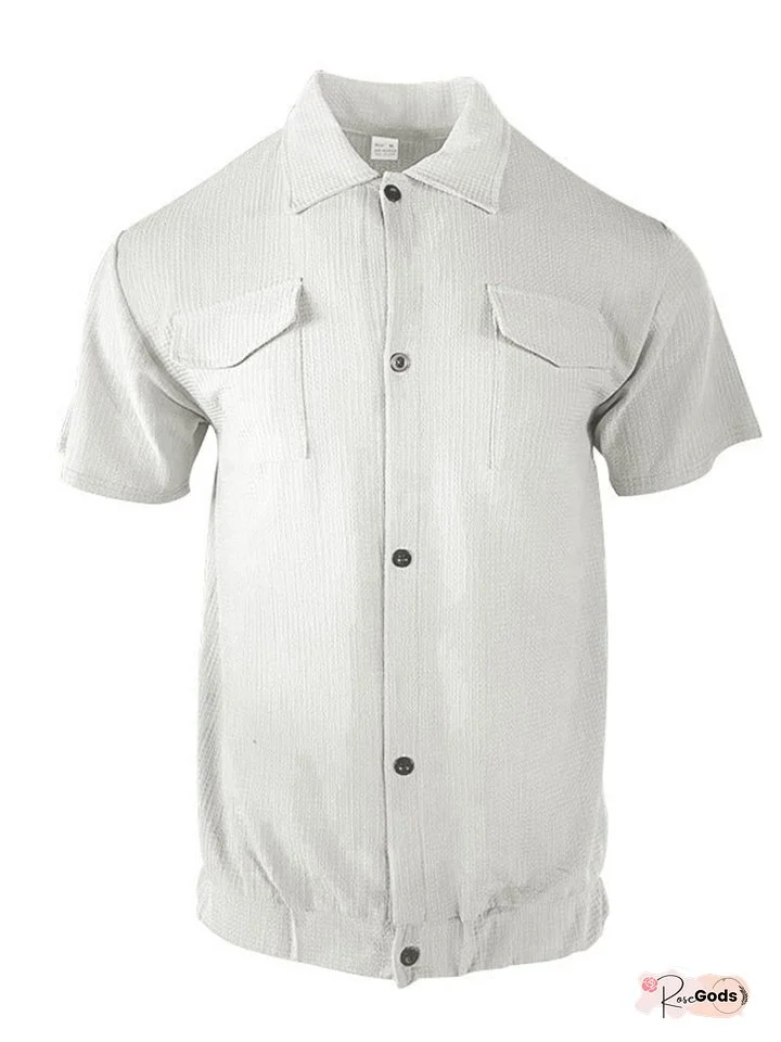 New Men's Shirts Cardigan Front Pocket Casual Shirt Men's Summer Short-sleeved Solid Color Shirt