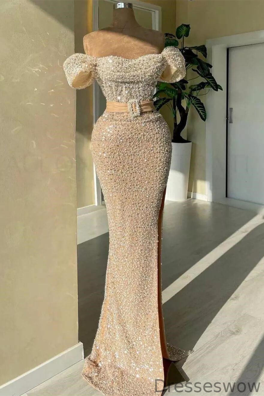 Dresseswow Off-the-Shoulder Sleeveless Mermaid Evening Dress With Split Sequins Long