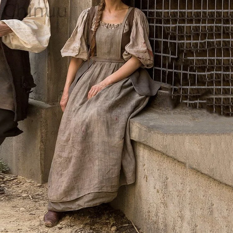 Retro Medieval Solid Cotton And Linen Maxi Dress