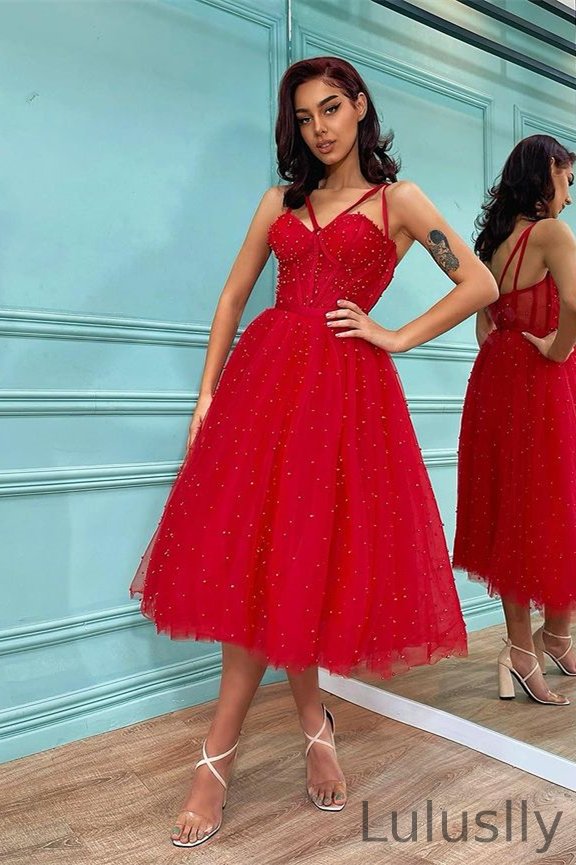 Luluslly Red Spaghetti-Straps Pearls Tulle Prom Dress On Sale