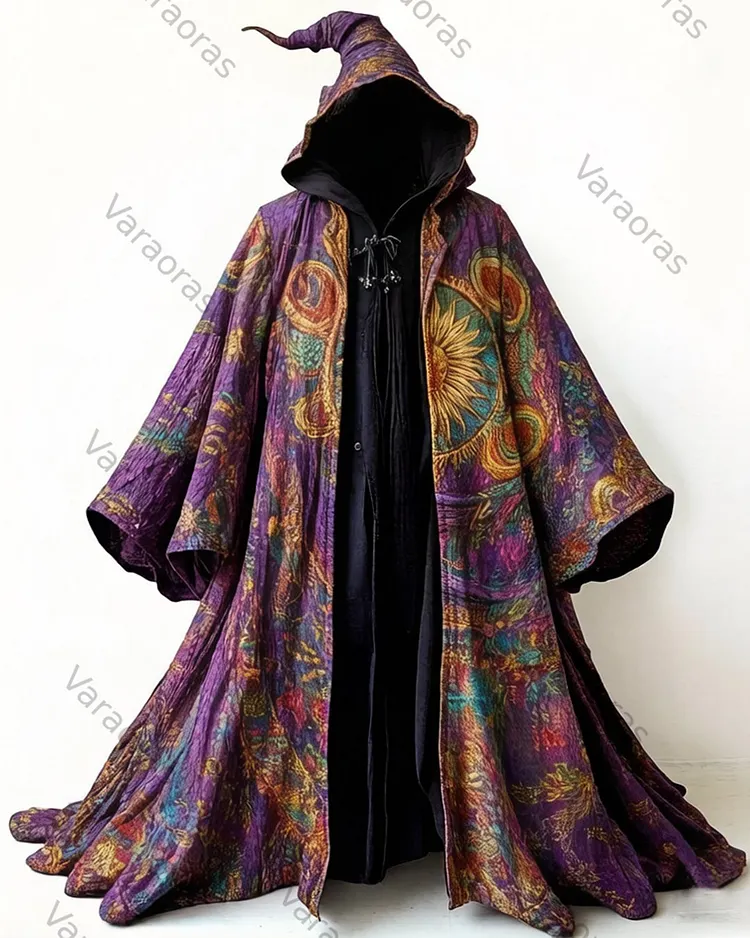 Men's fashionable hippie star and moon print cotton linen hooded cape  8406