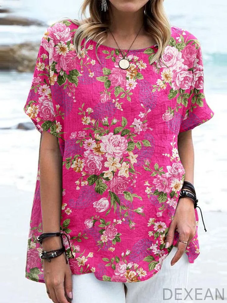 Women's Elegant Simple Decorative Floral Print Cotton And Linen Top