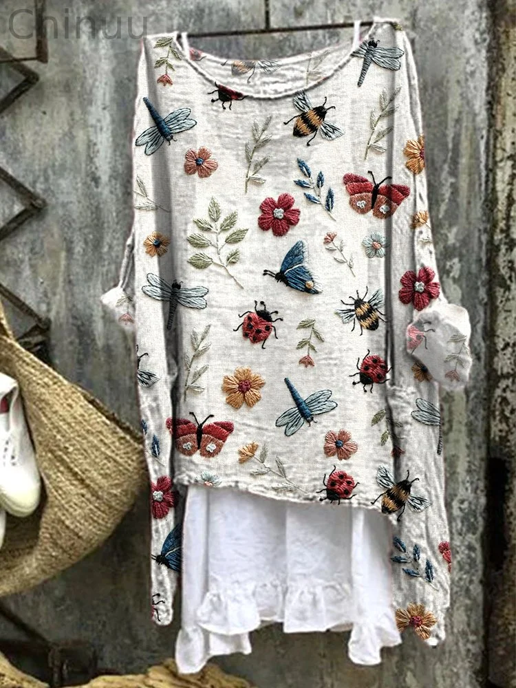 Insects & Flowers Embroidery Graphic Cozy Linen Shirt