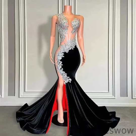 Dresseswow Velvet Black Mermaid Evening Dress Sleeveless Long With Appliques Beads Dresseswow Velvet Black Mermaid Evening Dress Sleeveless Long With Appliques Beads