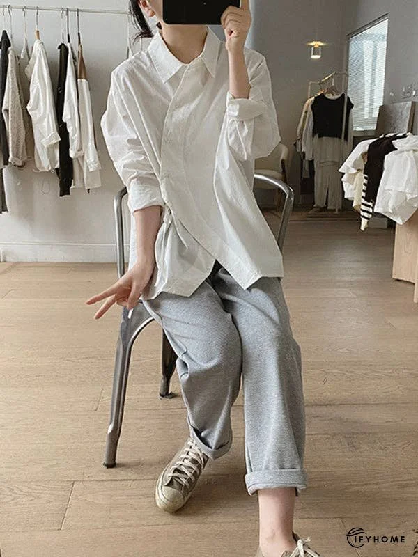 Loose Long Sleeves Frenum Solid Color Lapel Blouses | IFYHOME