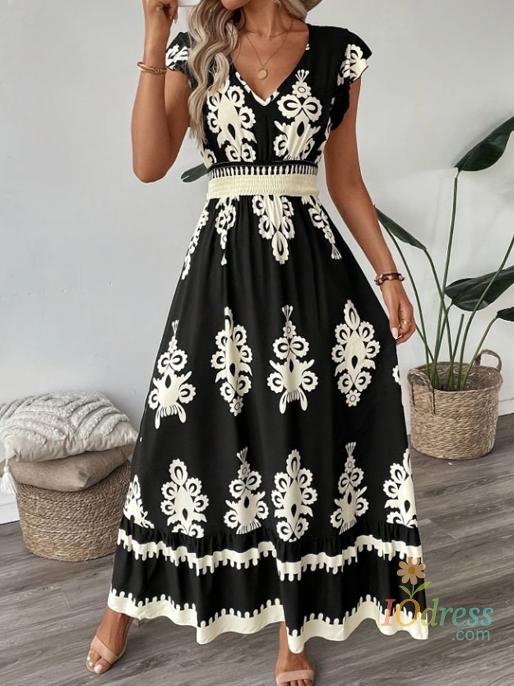 IO Dress Women Elegant V Neck Short Sleeves Dresses Geometric Pattern Vacation Style Floral Print Dress Beach Sundress Size S-XXL