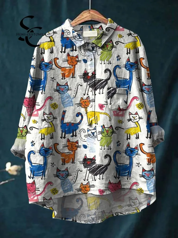 Women's Kid Drawing Cat Art Print Casual Cotton And Linen Shirt