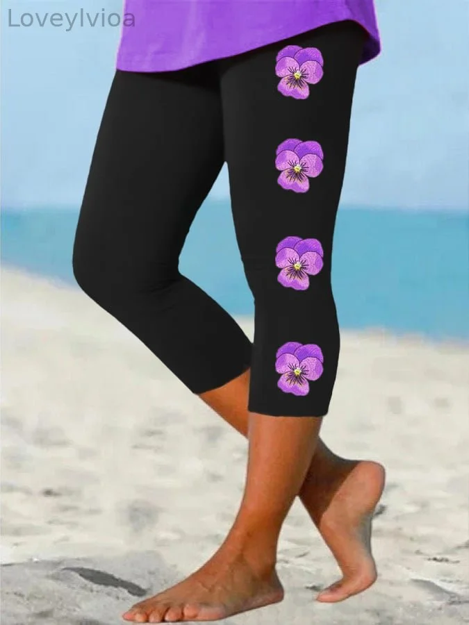 Women's Pansy Floral Pattern Print Leggings