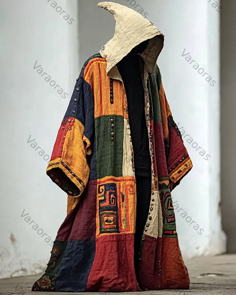 Men's Summer Fashion Boho-Style Patchwork Embroidered Linen Hooded Cape 7088
