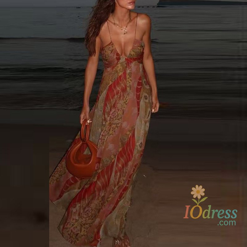 IO Dress Fashion Low Cut V-neck Beach Long Dress Suspender Summer Pattern Printed Women Dress Backless Hollow Out Pleated Bohemian Dress