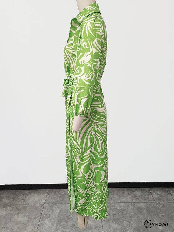A-Line High Waisted Elasticity Printed Tied Waist Lapel Midi Dresses Shirt Dress | IFYHOME