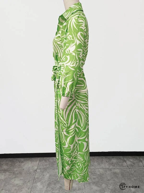 A-Line High Waisted Elasticity Printed Tied Waist Lapel Midi Dresses Shirt Dress | IFYHOME