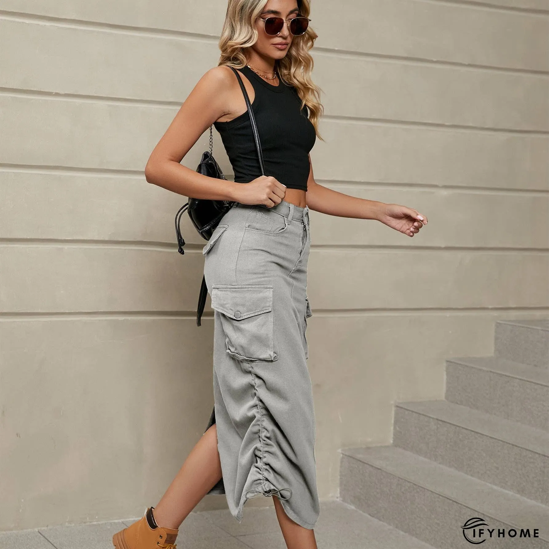 Drawstring Ruched Slit Denim Midi Skirt | IFYHOME