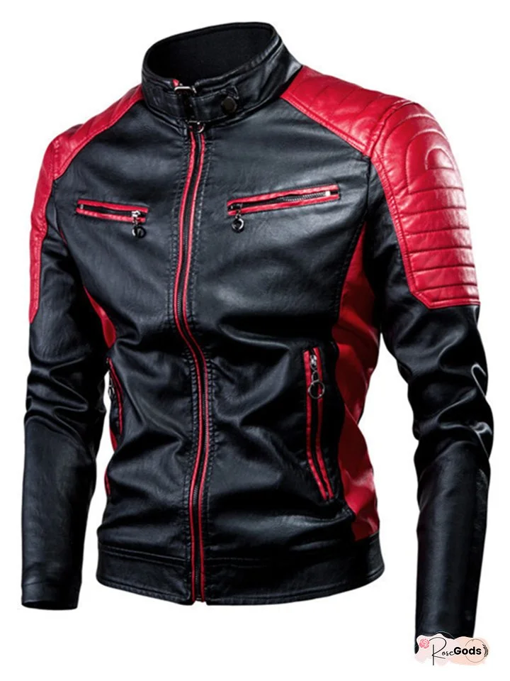 Men's Fall and Winter Casual Biker Splicing Leather Jacket Stand-up Collar Retro Warm Leather Jacket