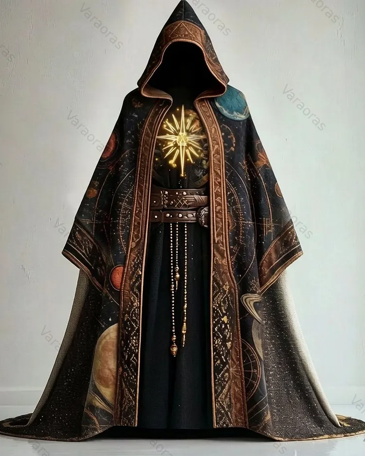 Men's Summer Fashion Star and Moon Embroidered Linen Hooded Cape 8379