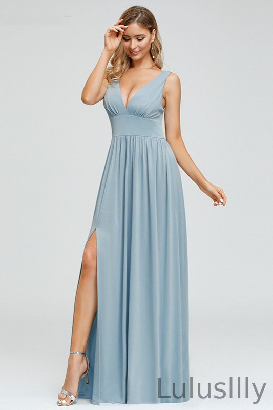 Blue V-Neck Sleeveless Prom Dress Long Evening Party Gowns With Slit - lulusllly