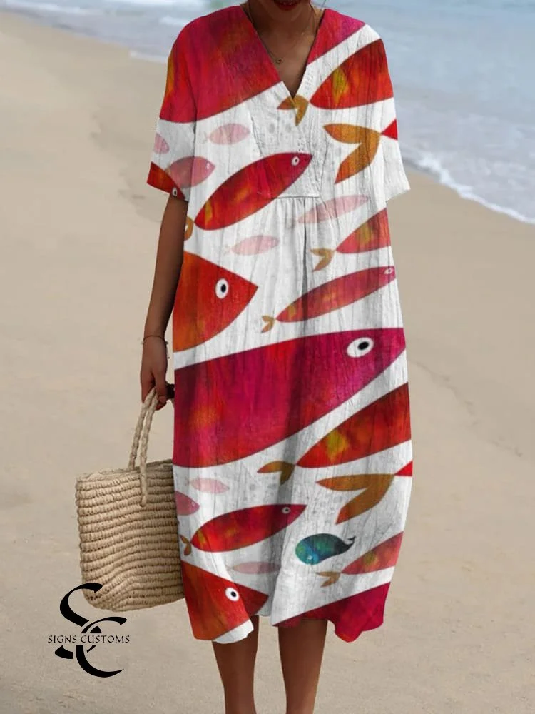 Diagonal Red Fish Decorative Pattern Printed Flowy Dress