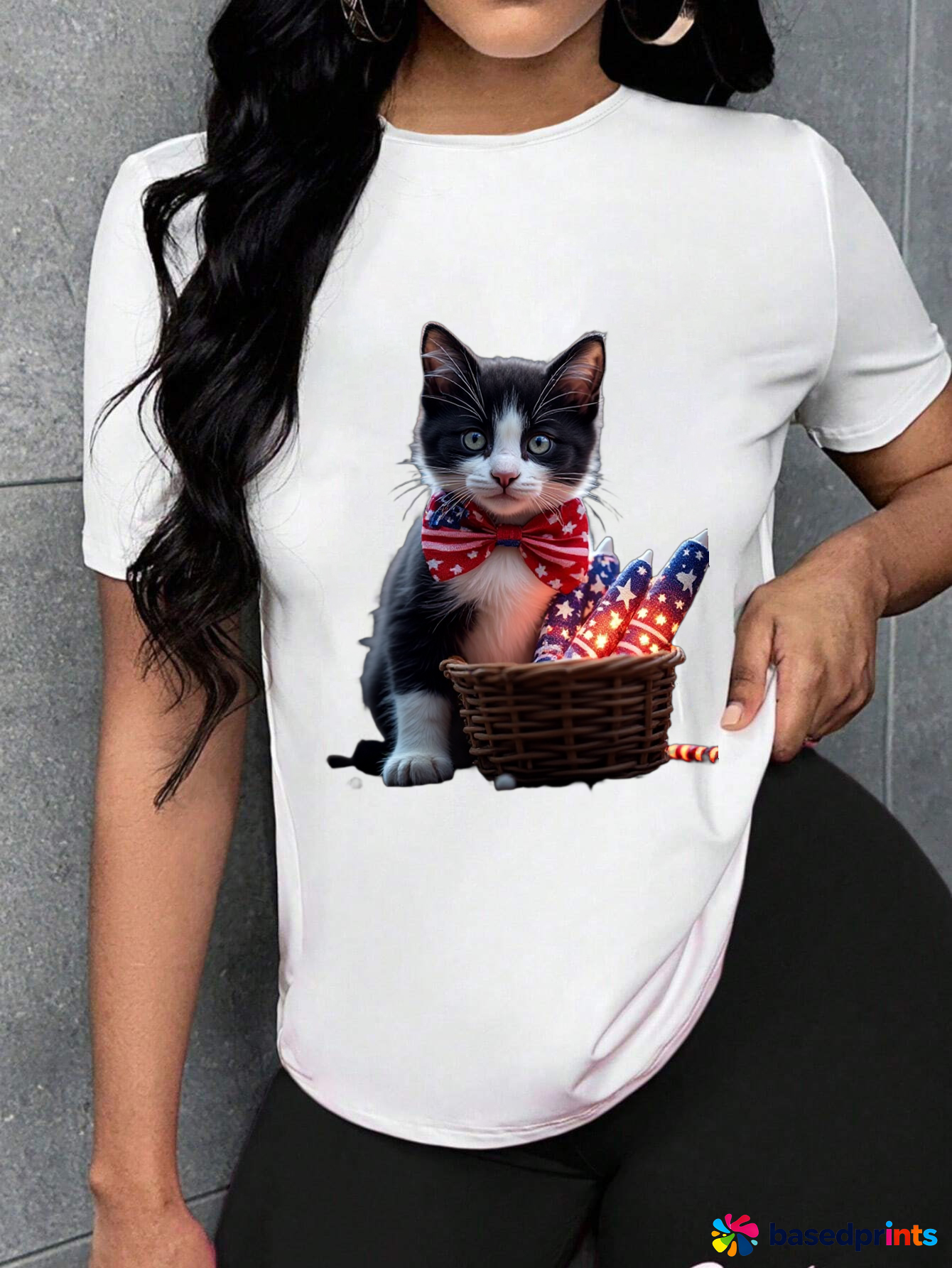 Cat T-Shirt with Patriotic Bow and Basket of Flags