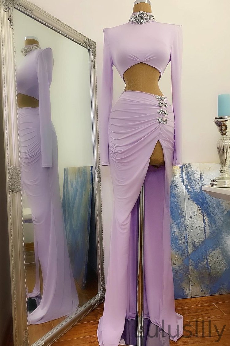 Long Sleevess HIgh Neck Prom Dress Mermaid With Beads - lulusllly
