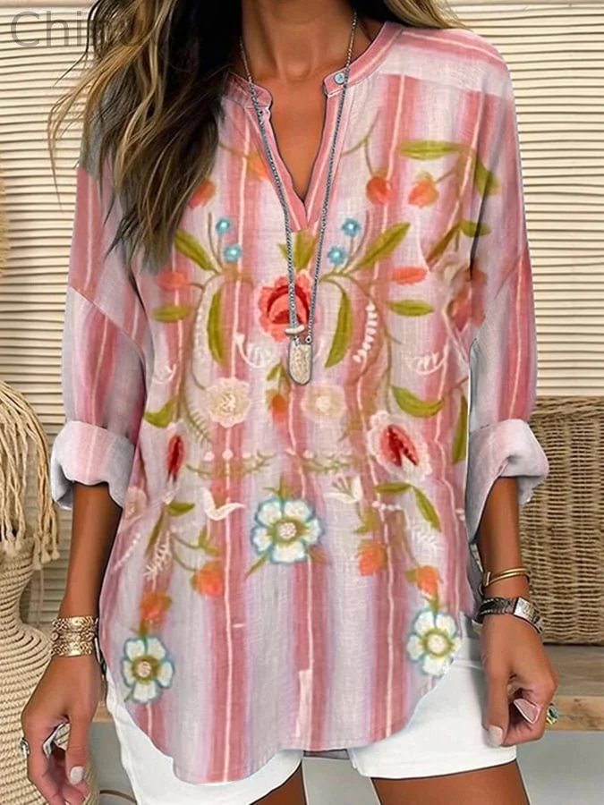 Women's Hippie Floral Print Casual Long Sleeve V-Neck Shirt