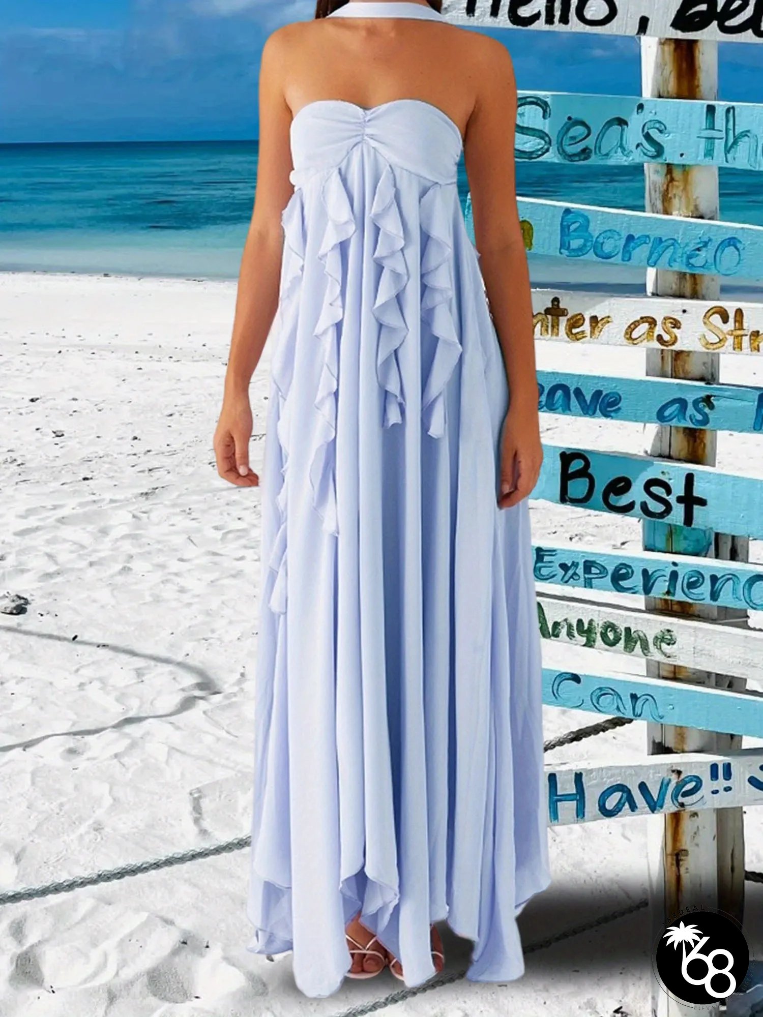 Sleeveless A-Line Long Dress with Solid Back Halter Neck and Ruffle Trim Perfect | 168DEAL