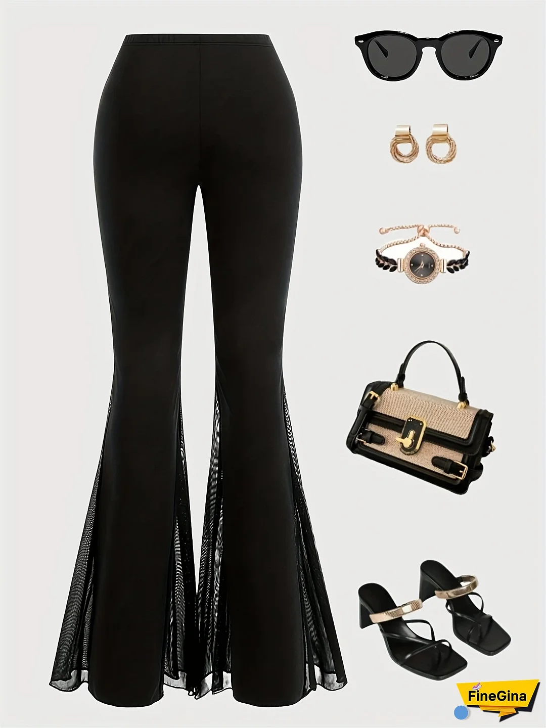 Women's High-Waisted Stretchy Flared Pants - Solid Color Black Wide-Leg Trousers for Summer, Casual & Office Wear, Machine Washable Regular Fit, Formal Attire | Elegant Pants | Comfortable Fit