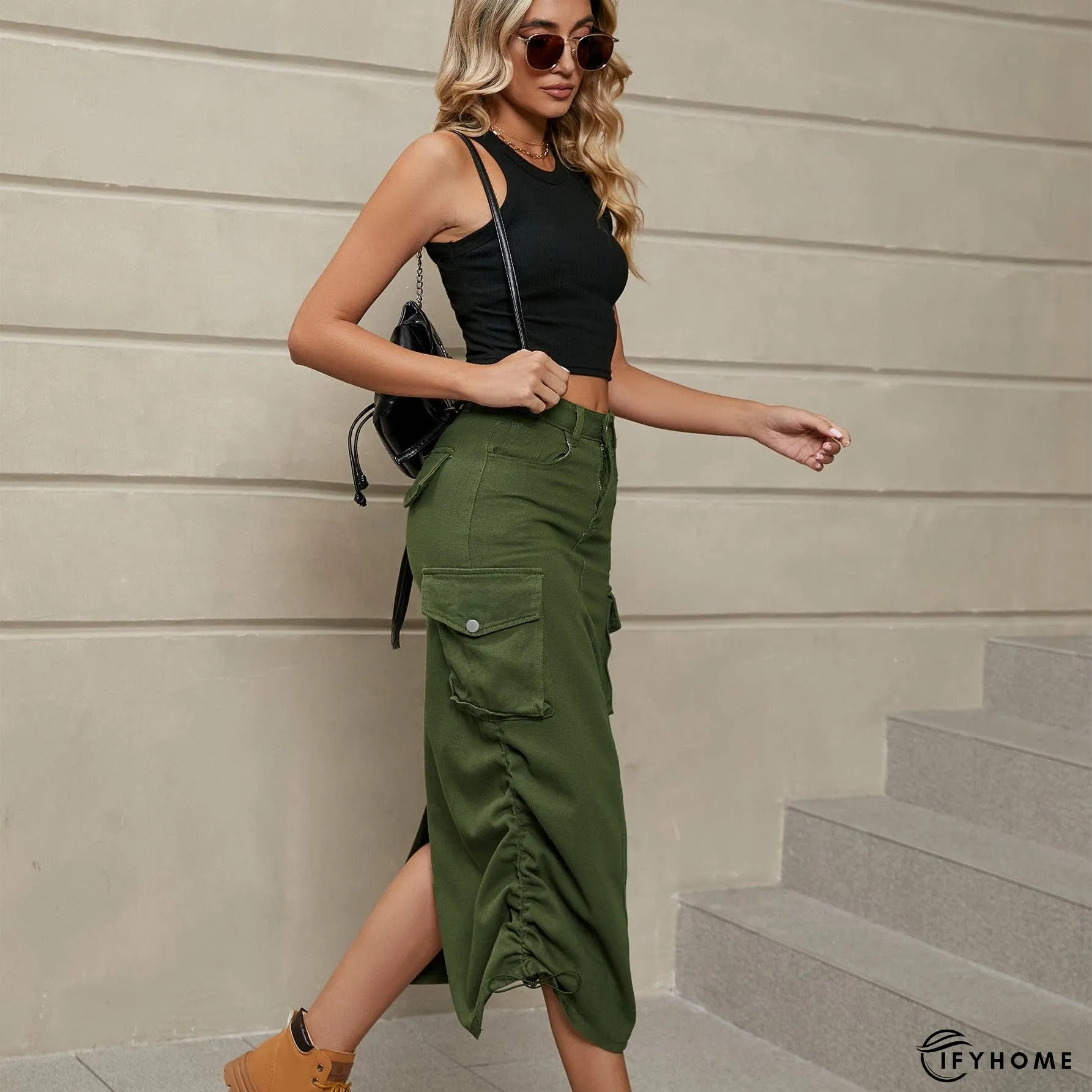Drawstring Ruched Slit Denim Midi Skirt | IFYHOME