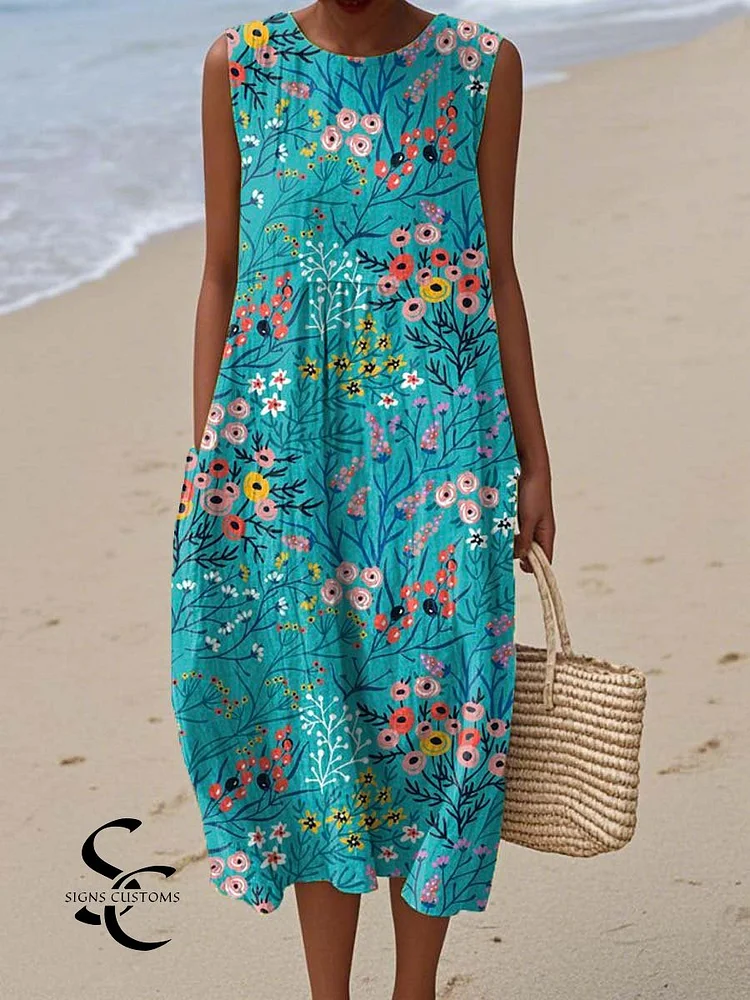 Women's Vintage Floral Art Print Sleeveless Cotton Pocket Wrap Dress