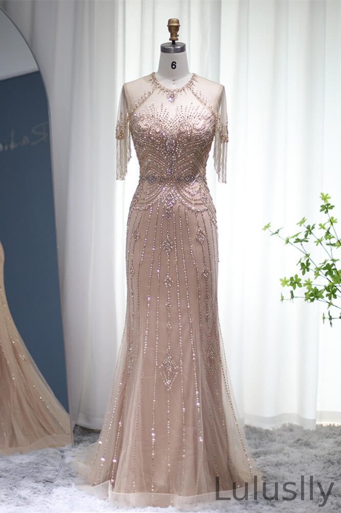 Luluslly Scoop Mermaid Evening Dress With Beadings Short Sleeves Tassels On Sale