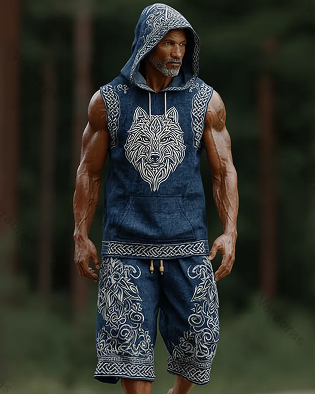 Men's Viking-Style Fashion Contrast-Color Embroidered Hooded Sleeveless Top & Shorts Two-Piece Set 2822