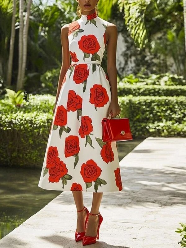 White Printed Sleeveless Midi Dress