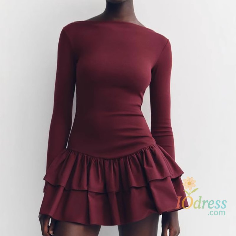 IO Dress Women Fashion Solid Tierred Ruffle A-Line Dress Spring Elegant O Neck Slim Fit Mini Dress Autumn Long Sleeve Simple Boho Dresses IO Dress